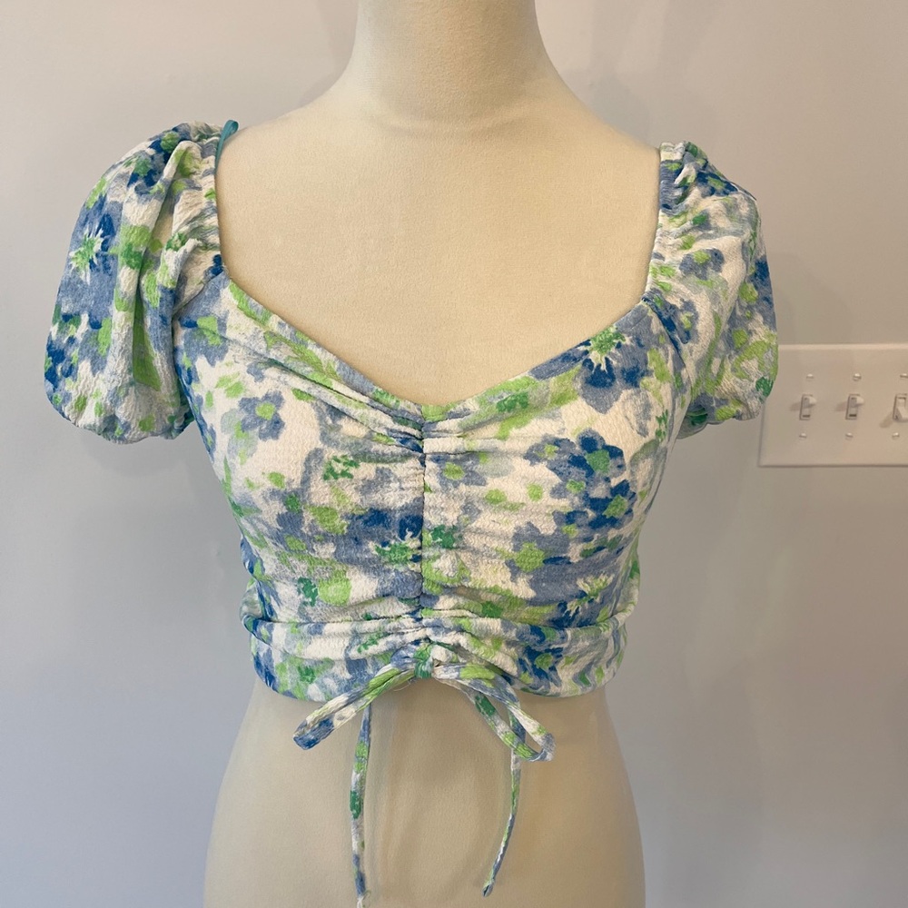 Primark Blue and Green Floral Ruched Blouse size medium NWT